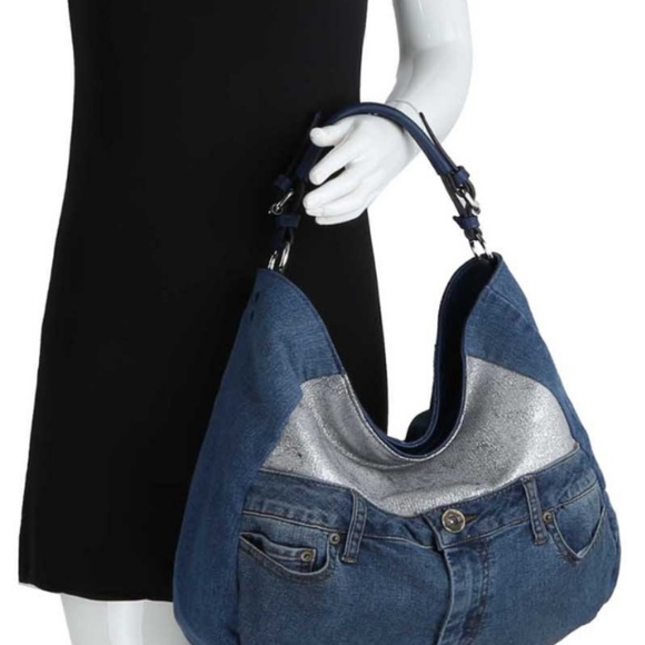 LeMiel Chillx. Medium Denim Hobo Style Handbag 90s Bohemian Silver Foil Accent - Picture 5 of 11